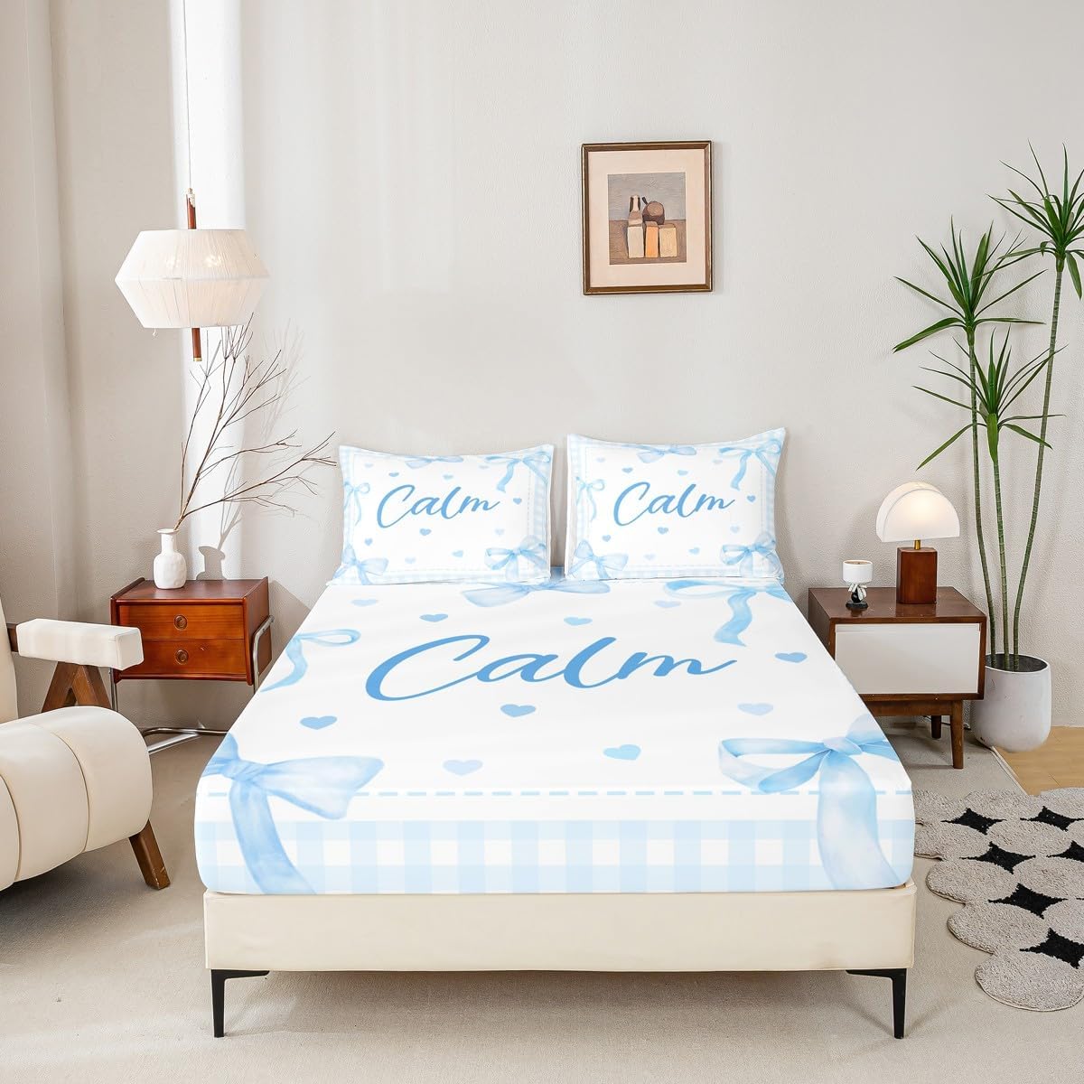 Erosebridal Cute Blue Bow Knot Fitted Sheet,Calm Cartoon Bow Bed Sheets for Kids Boys Girls,Kawaii Love Heart Bowtie Bedding Set Full Size,Butterfly Knot Princess Style Sheets 3 Piece