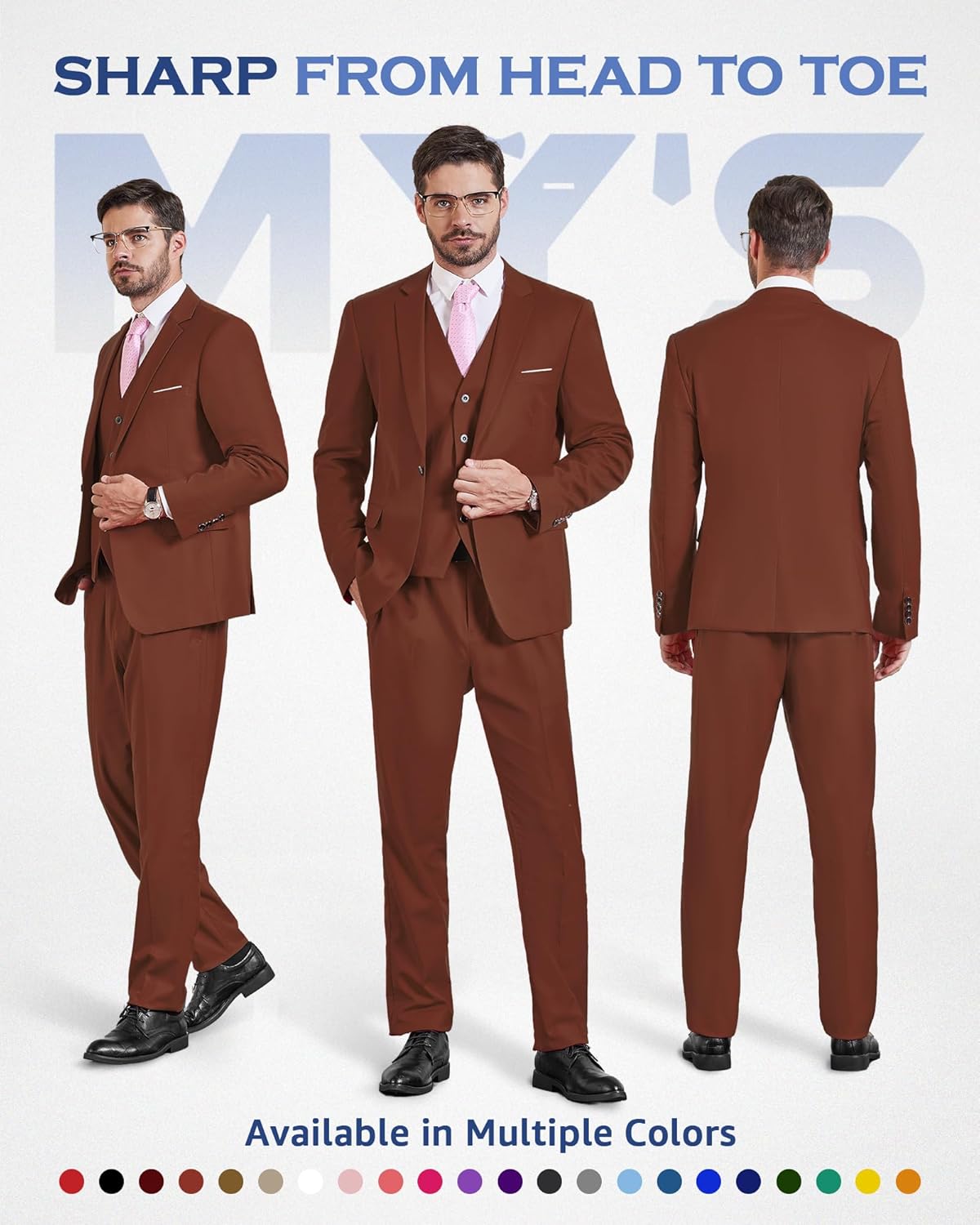 MY'S Men's 3 Piece Slim Fit Suit Set, One Button Solid Jacket Vest Pants... - Picture 68 of 138