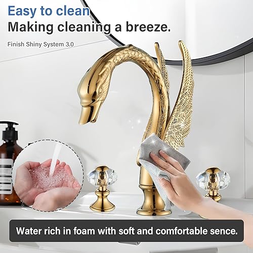 Miniatura 5 de Grifo de lavabo de baño de cisne dorado, 3 agujeros, 2 manijas, grifo de baño de cristal, mezclador de lavabo, mezclador contemporáneo, grifo de