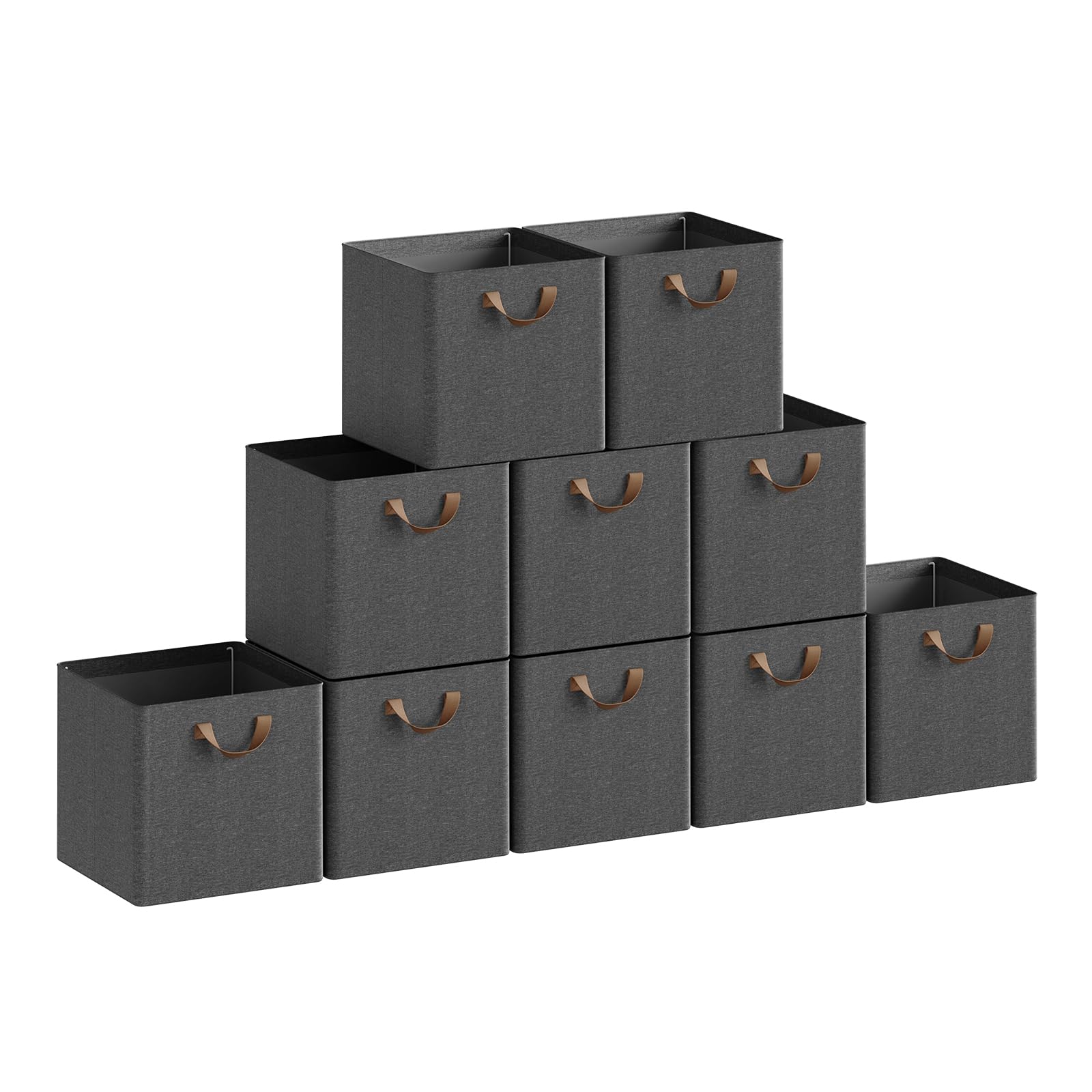 WOLTU Fabric Storage Boxes Set of 10, Collapsible Cube Baskets with Handles and Metal Frame, Wardrobe Organisers for Living Room, Study, Bedroom, Linen, Grey, 26x26x26cm