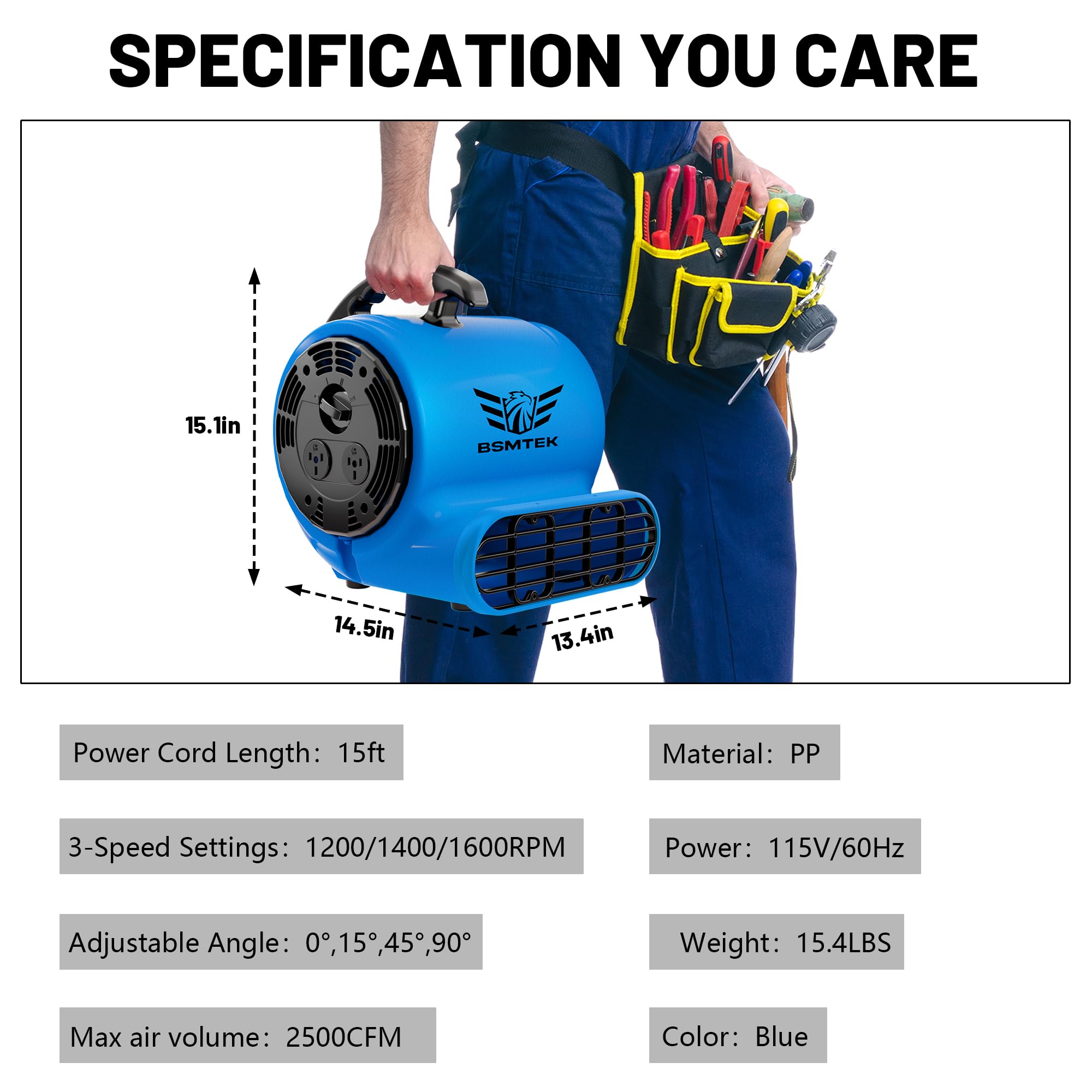 Ventilador Air Mover, BSMTEK Industrial 1/2HP 2500CFM, secador de alfombras, 3 velocidades con temporizador, 4 ángulos ajustables, cable de 15 pies de largo, apilable, actualizado en 2025