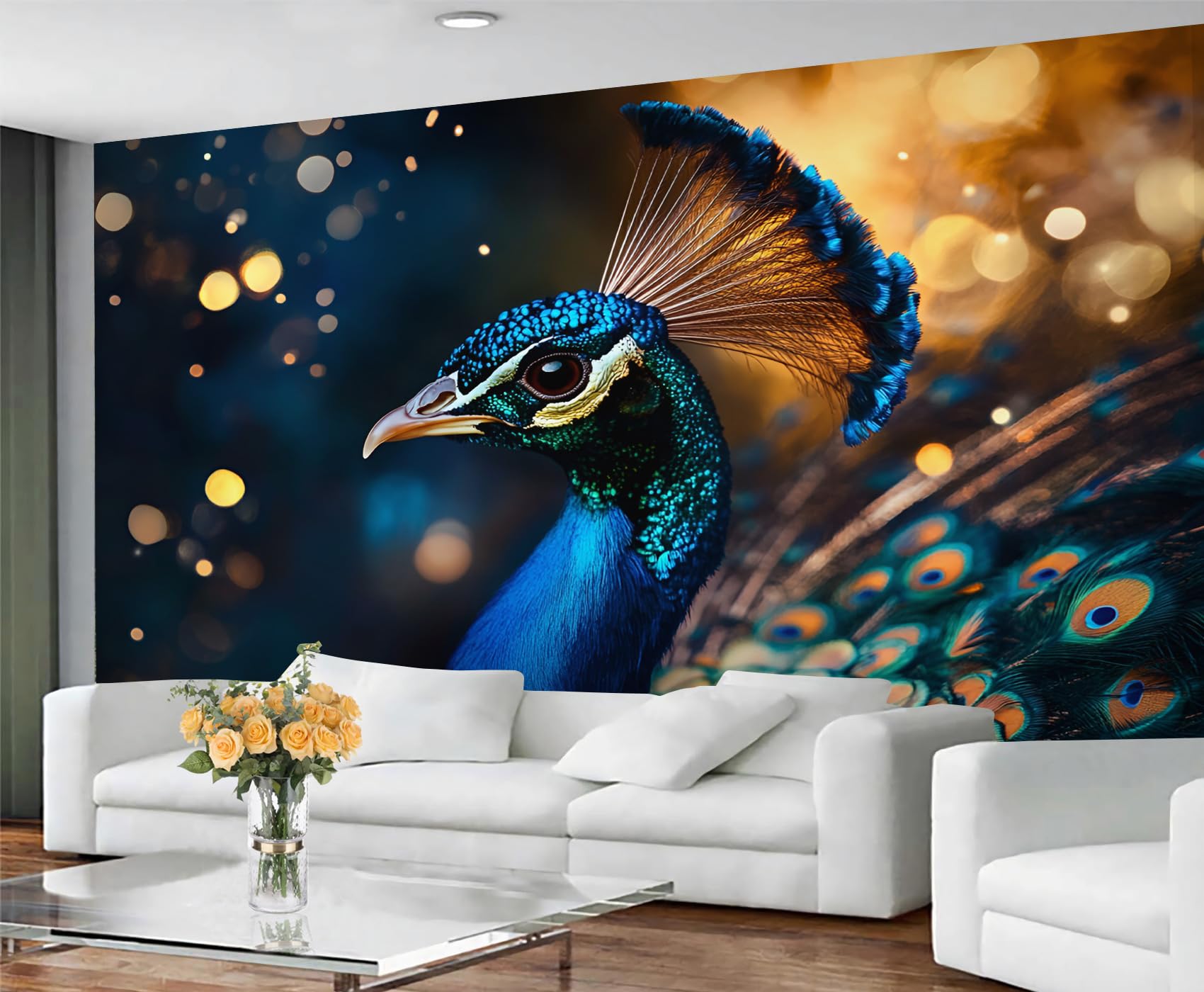 GIVLWF Blue Peacock Wallpaper, Peacock Feather Bedroom Wallpaper, Elegant Animal Wall Paper for Living Room, Not Self Adhesive Retro Bird Wall Mural, Oriental Large Mural & Room Decor