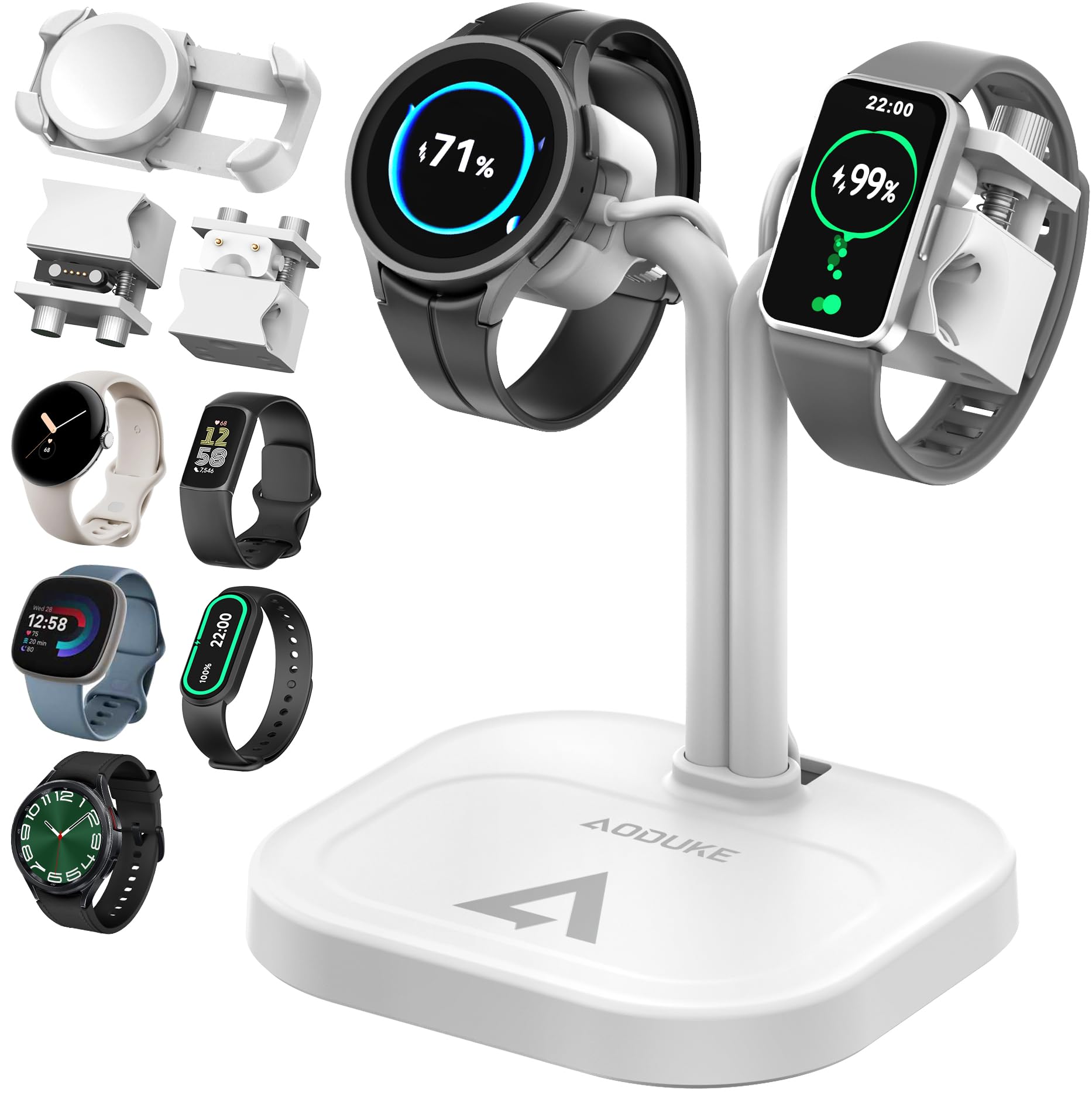 Universal Dual Watch Charger Dock, 2 in 1 Adjustable Smart Fitness Tracker Charging Station (A23S White)