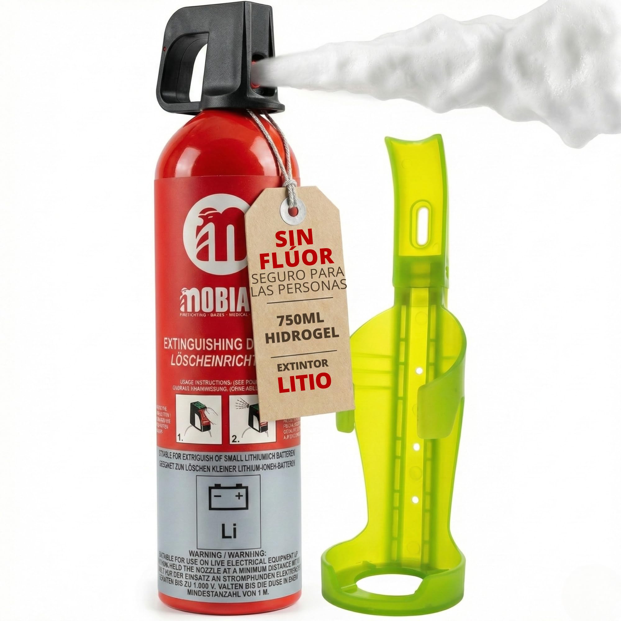 Extintor 750 ml eléctrico, sin flúor, Soporte de Pared | Para baterías de litio, Espuma sin PFAS, Seguro para la Piel, Extintor para Casa, Extintores Coche, Barco