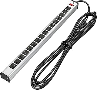 BTU 16 Outlet Power Strip Surge Protector, Multi Plug Outlet Heavy Duty Power Socket with 15-Foot Extension Cord & Circuit Breaker, for Workshop and Industrial, ETL Certified, Silver