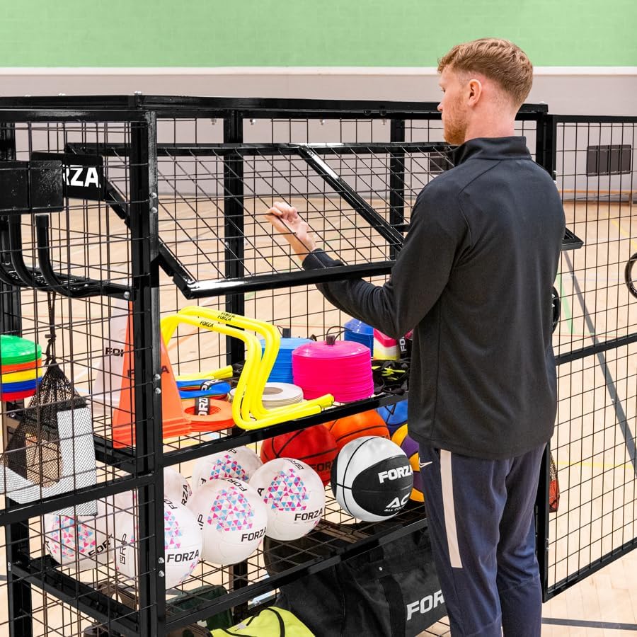 Person adjusting a mesh shelf inside the FORZA XL Sports Equipment Storage Cart.