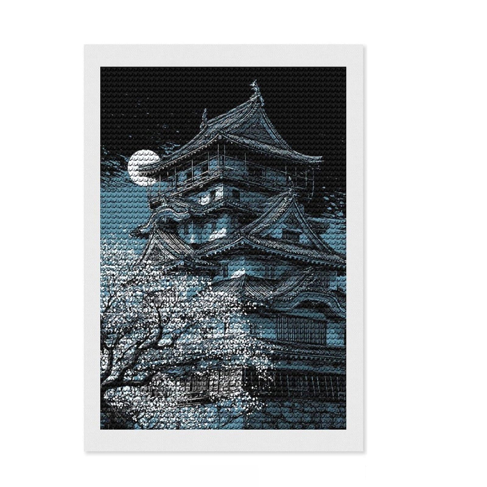 Junmoney Japanese Castle Under Moonlight with Cherry Blossoms Diamond Art Canvas 8"x12", Adhesive Canvas, Living Room Decor, for Family Craft Time, Thoughtful Handmade Gift
