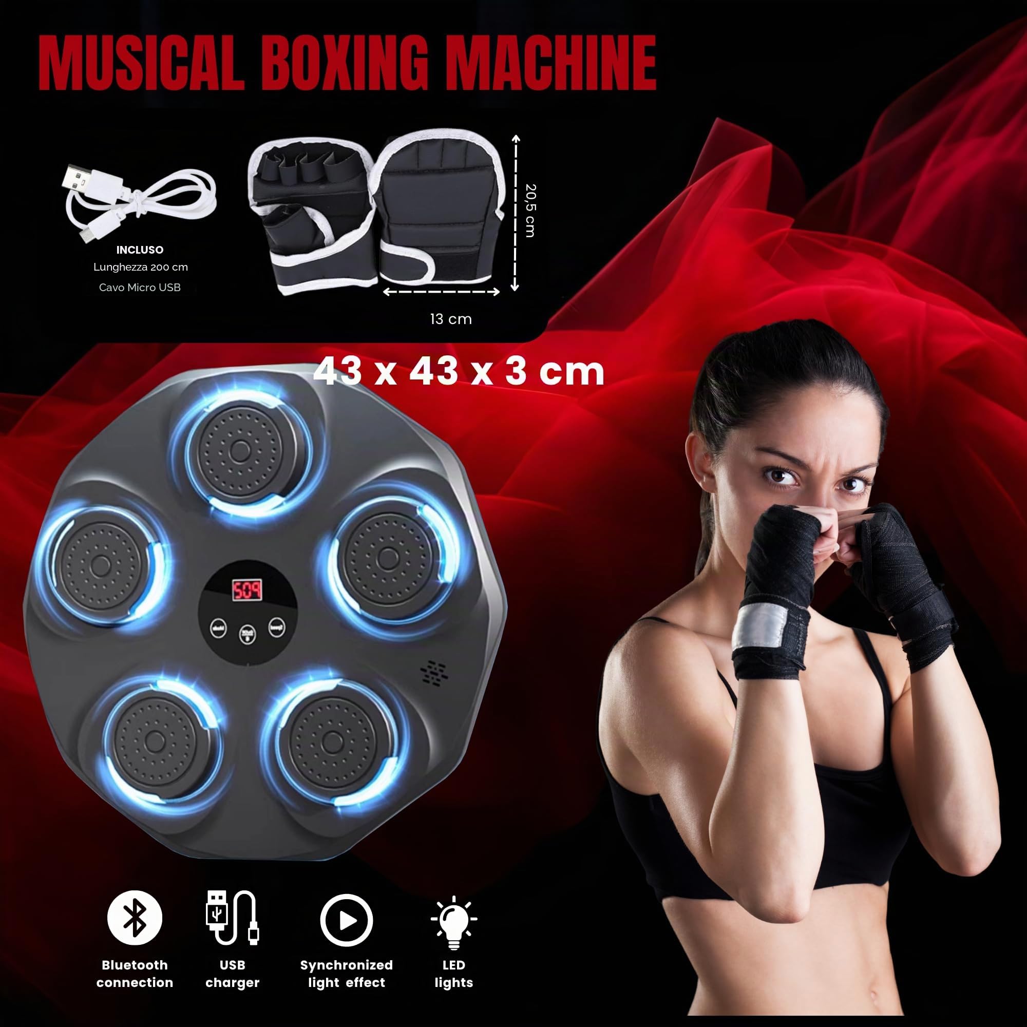 MAGIC SELECT Macchina da boxe musicale da parete con LED, guantoni da boxe, Bluetooth e luci al ritmo della musica, pugilato per bambini/adulti (9 modalità, 43 x 43 cm)