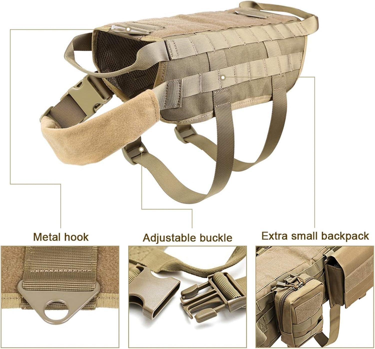 Arnés táctico para Perro con Bolsillos Desmontables, Chaleco molle sin tirones con asa para adiestramiento y Senderismo, Peto de Trabajo para Perros Grandes y m, Brown, M