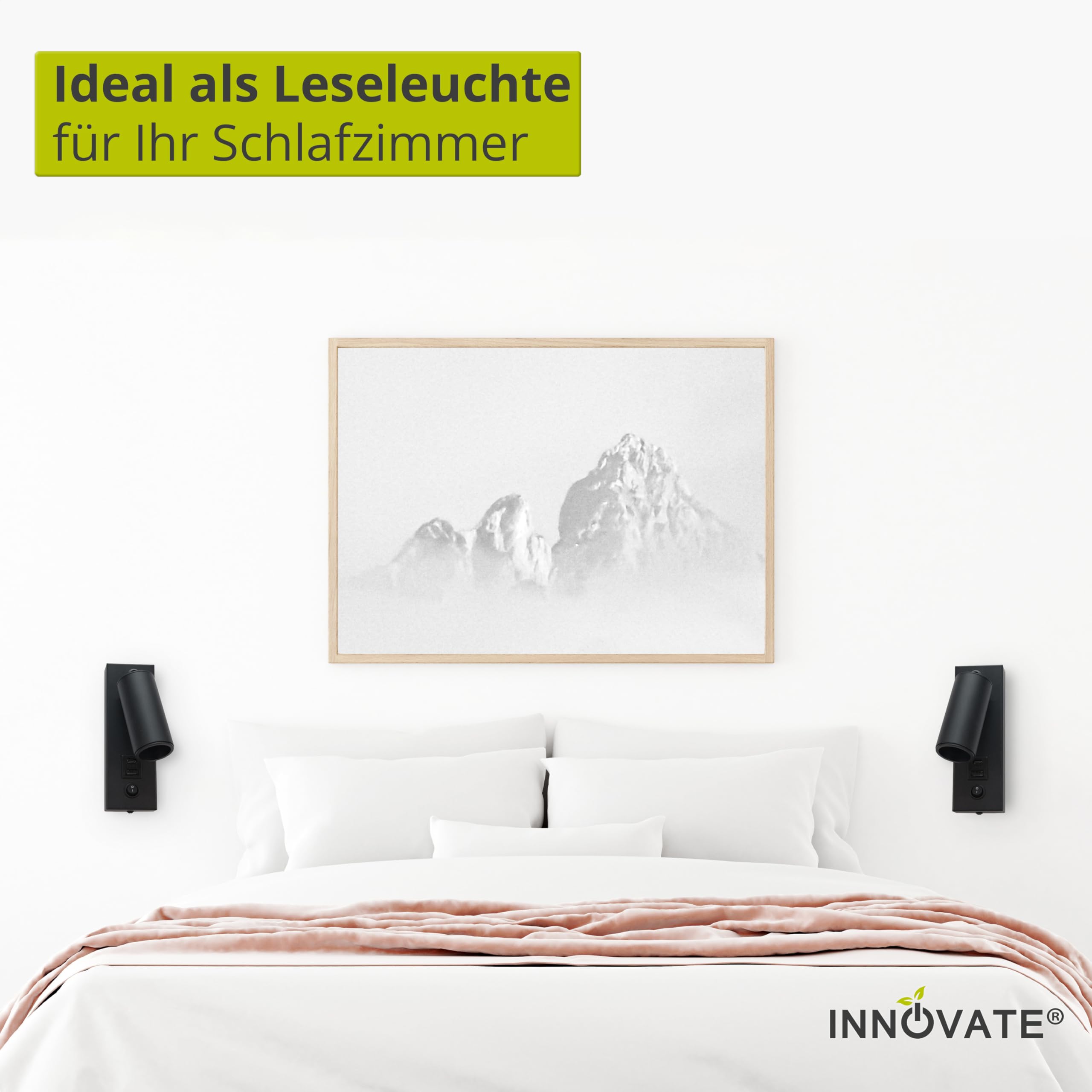 INNOVATE Leselampe Bett Nachttischlampe USB Ladefunktion [270 Lumen 4.5W 3000K] LED Wandleuchte innen Schalter I Bettlampe Wandmontage Schlafzimmerlampe Leselicht I LED Bettleuchte USB-C und -A