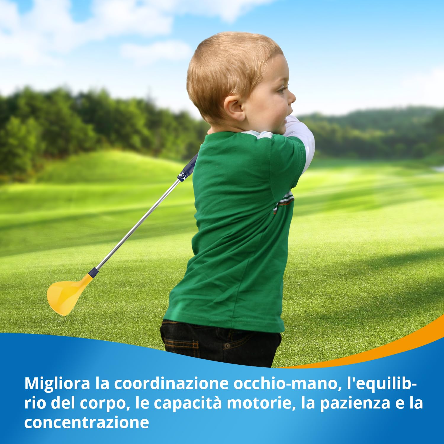 EagleStone Set da Golf Bambini 3-8 Anni con Lanciatore a Pedale, Mazza Regolabile, 15 Palline e Carrello. Giocattolo Sportivo da Interno ed Esterno per Bimbi e Bimbe