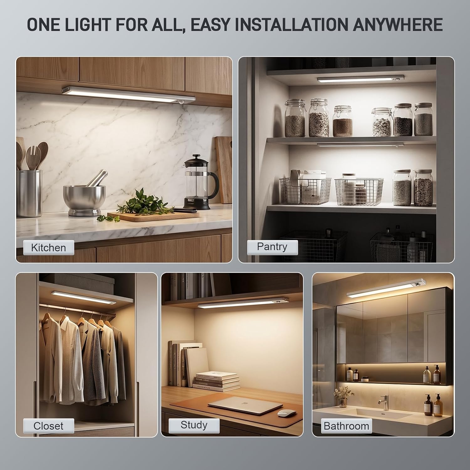 6Pack Aluminum Under Cabinet Lighting, 10inch Rechargeable Ultra-Thin Magnetic Motion Sensor Closet Lights, 3 Colors & Dimmable, USB-C Wireless Under Counter Lights for Kitchen, Pantry, Wardrobe