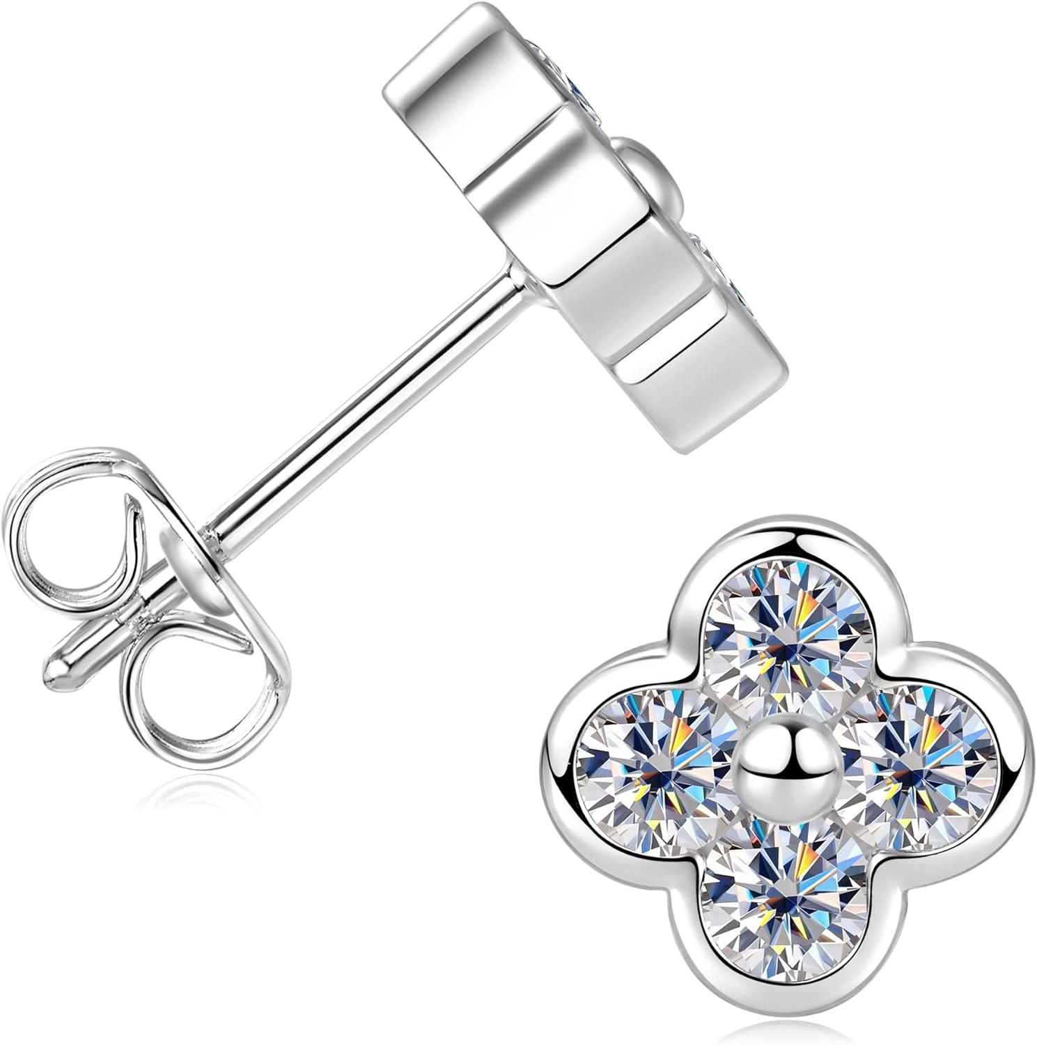 Four Leaf Moissanite Stud Earrings, 3mm D Color VVS1 Lab Created Imitation Diamond 14K Gold Plated Lucky Clover Earrings for Women Birthday Jewelry Gifts