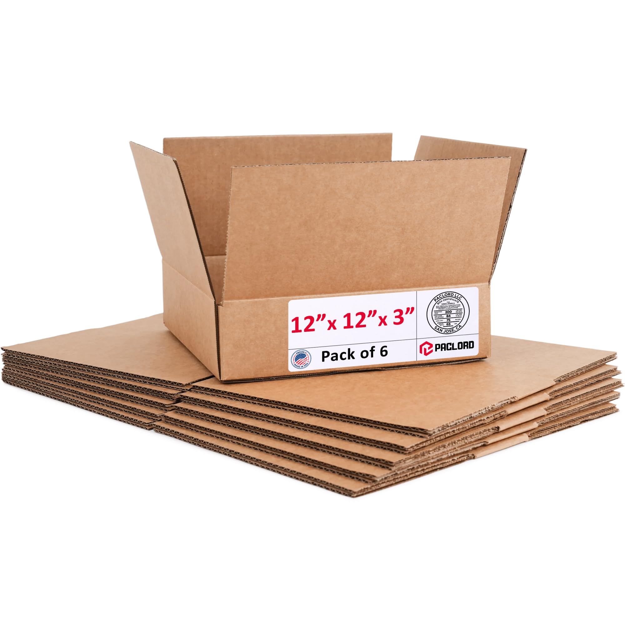 Flat Cardboard Boxes 12"L x 12"W x 3"H (Pack of 6) - USA-Made Packing Boxes for Moving, Shipping, or Storage - USPS, UPS, FedEx Approved - Professional Packing Supplies for Moving | USA-Made Packing Boxes for Moving, Shipping, or Storage - USPS, UPS, FedEx Approved - Professional Packing Supplies