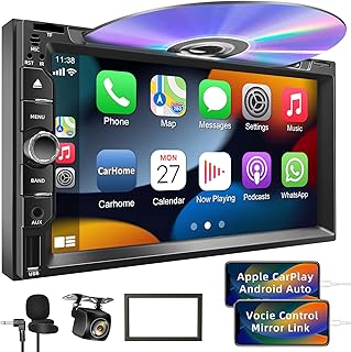 Double Din Car Stereo with CD/DVD Player, CarPlay & Android Auto, 7 Inch HD Touchscreen Car Radio with Bluetooth, Backup Camera, Mirror Link, SWC, Subwoofer, USB/TF/AUX Input, AM/FM
