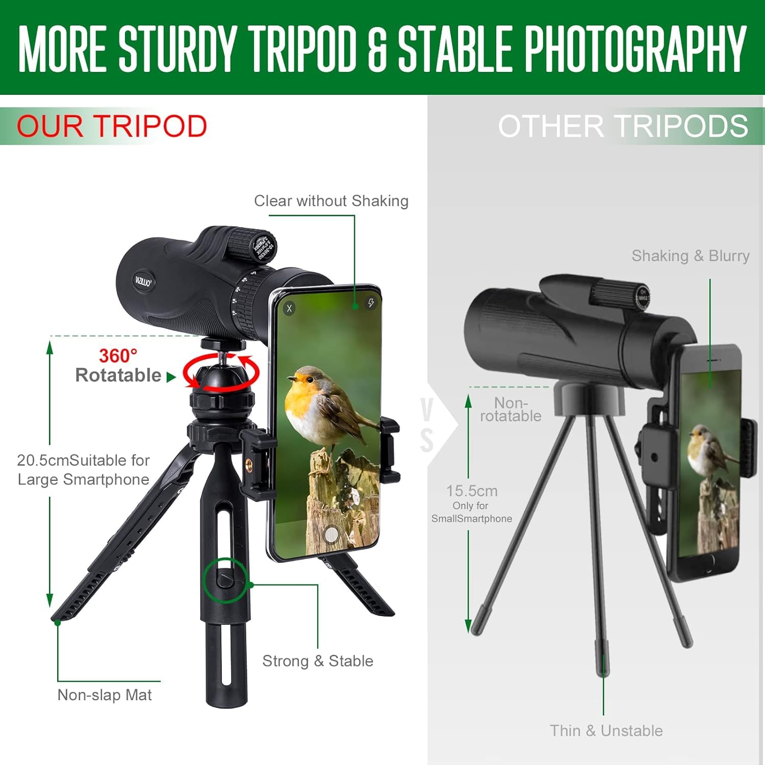 Télescope monoculaire HD 10-30 x 50 HD avec support pour smartphone et trépied, monoculaire étanche pour téléphone portable pour l'observation des animaux sauvages, l'observation des oiseaux, la