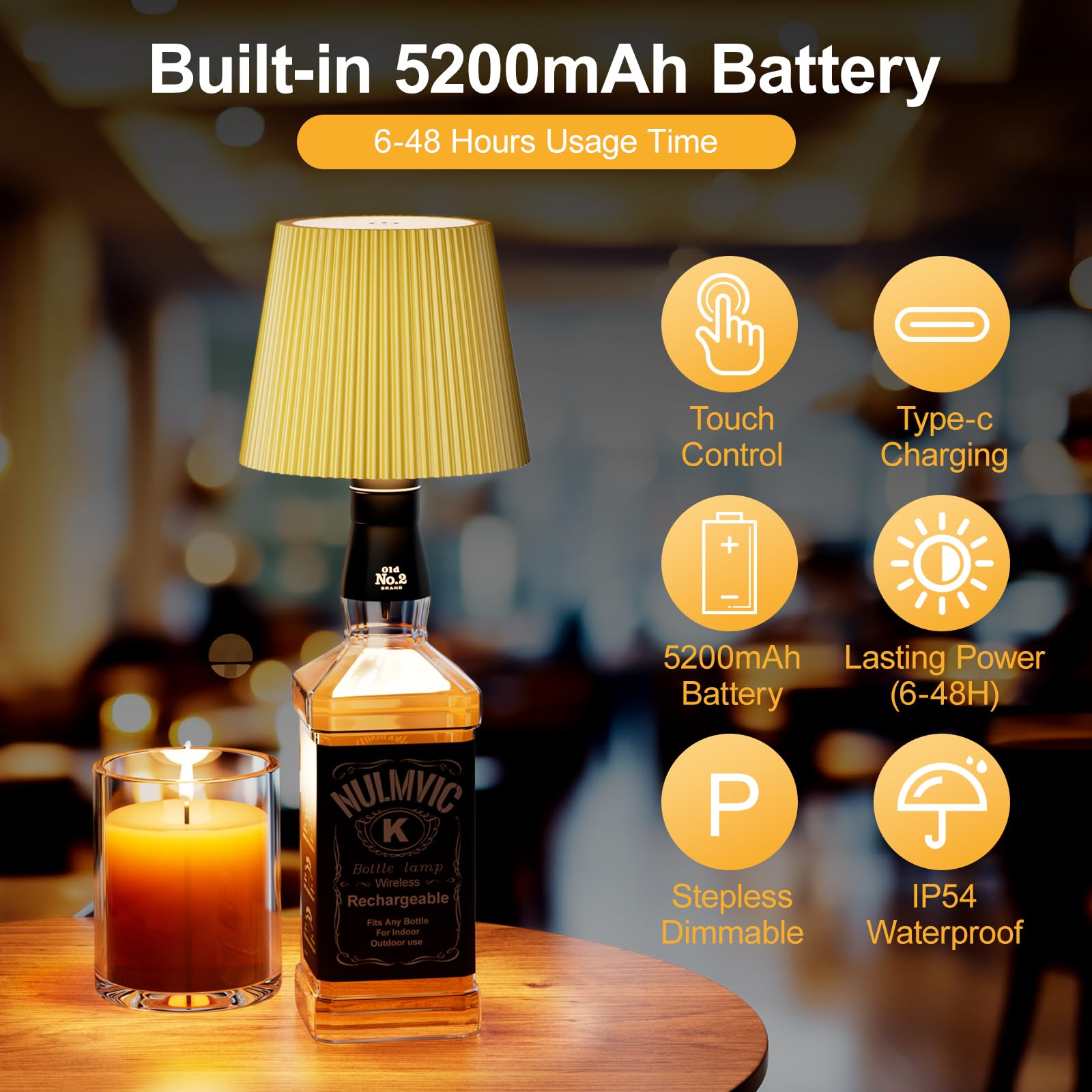 Nulmvic Lampada per Bottiglia LED Ricaricabile - 5200mAh Lampada da Tavolo Senza Fili Dimmerabile 3 Colori - IP54 Impermeabile Comando a Tocco per Interno Esterno Famiglia Ristorante Bar (Oro)