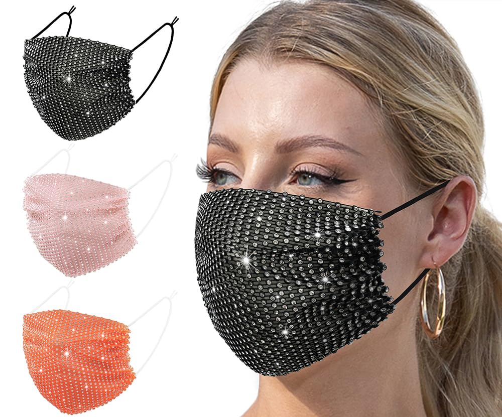 3 Pcs Multi Color Crystal Mesh Face Mask Sparkly Rhinestone Custom Masquerade Mask for Women Sequin Glitter Christmas Halloween Night Club Party Supplies Face Mask Gifts Decor Face Cover Black