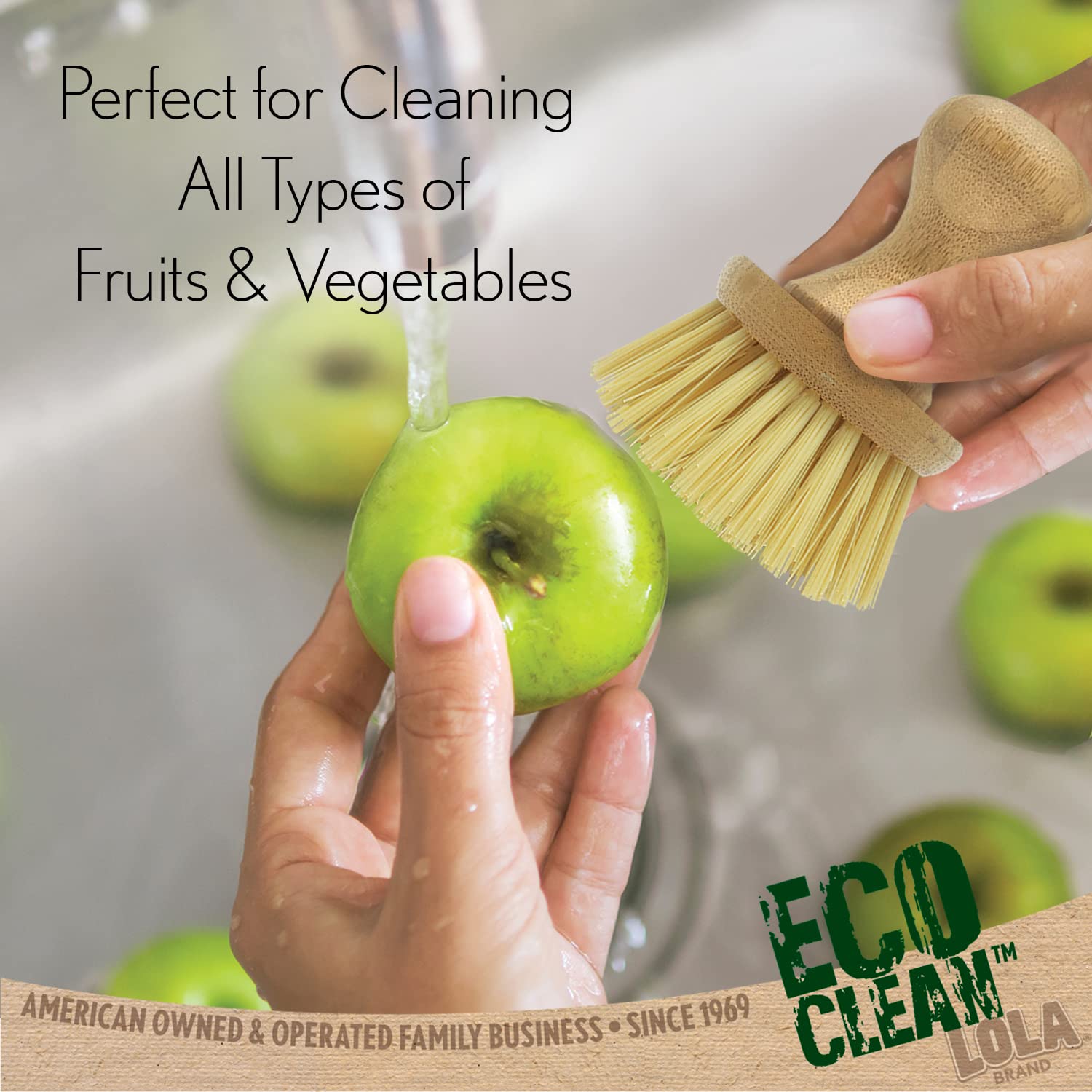 Lola Products Eco Clean Vegetable Brush With Comfort Bamboo Knob | Durable Poly Fiber Bristles | Handle is Made of Natural Bamboo | Fibers Made from Recycled Soda/Water Bottles | Eco-Friendly | 6 Pack