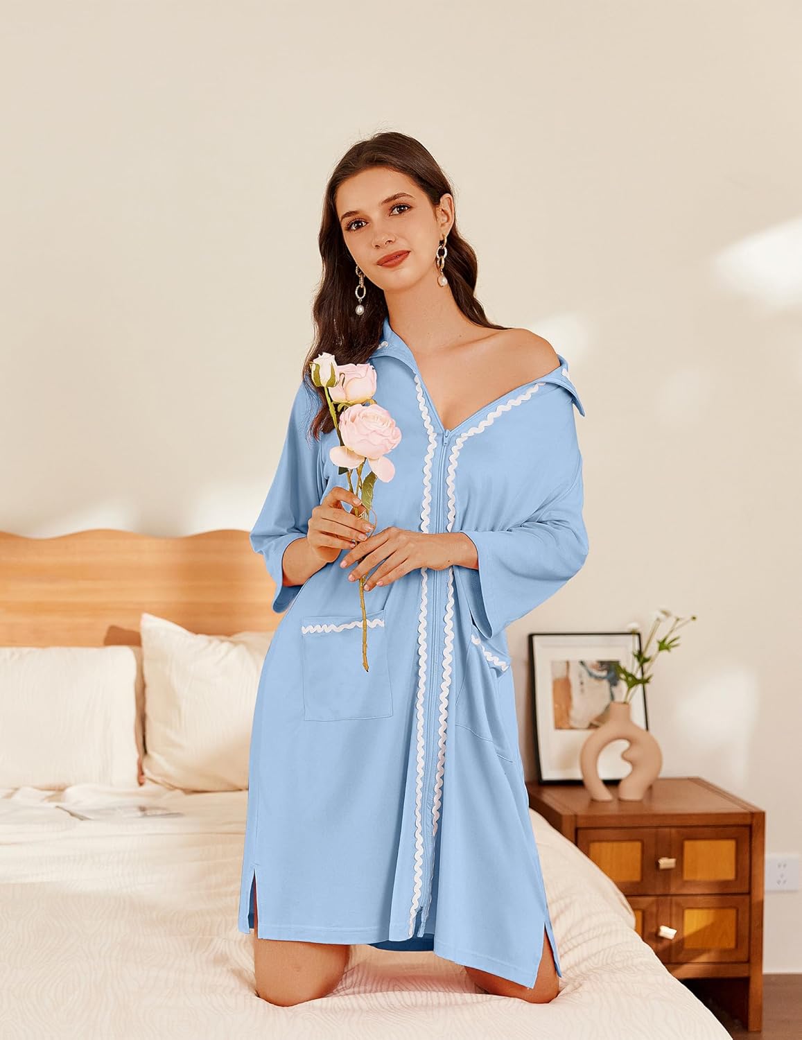 Ekouaer Women Zipper Robe Lightweight House Coat Zipper Front Short Bathrobes Soft Nightgown with Pockets S-3XL - Image 4