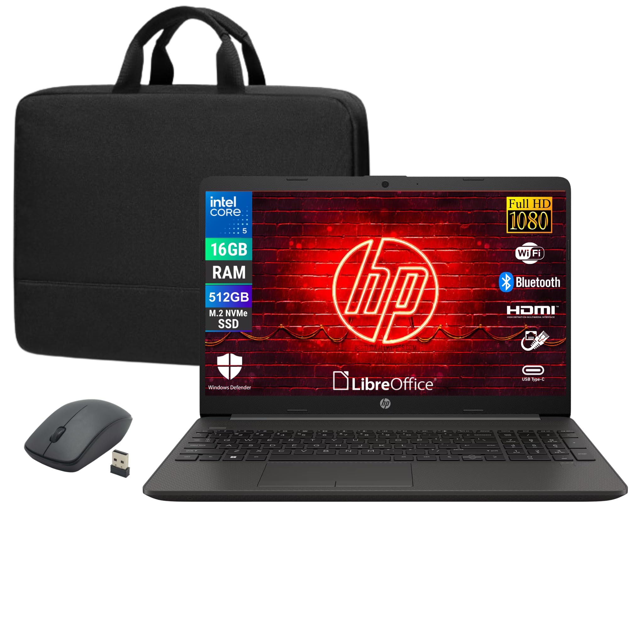 HP 250 G10, Computer Portatile Notebook, Intel i5-1334u 10 Core 3.4Ghz, Display 15.6'' FHD, Ram 16GB, SSD 512GB, Windows 11, Pronto all'uso con Libre Office + Borsa e Mouse