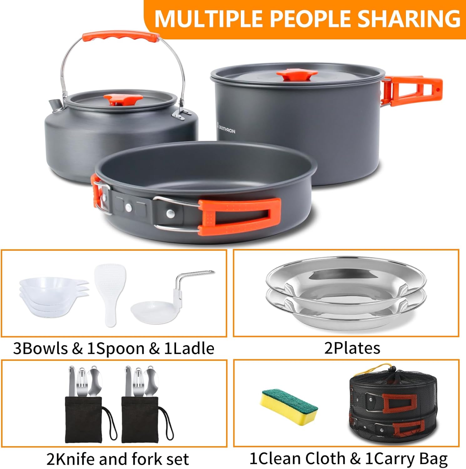 18-Piece Camping Cookware Set, Non-Stick Lightweight Pot Pan Kettle,Large 2.8L Pot,Aluminum Nesting Mess Kit with Stainless Steel Plates & Utensils for Outdoor Camp, Hiking & Picnic
