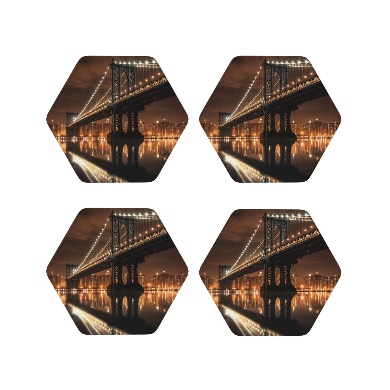 4pcs Drink Coasters for Tabletop Protection, 4" Leather Coasters for Drinks, New York Manhattan Bridge Night Cup Coasters for Coffee Table Decor, Non-Slip Drinking Cup Mat for Hot Or Cold Drink