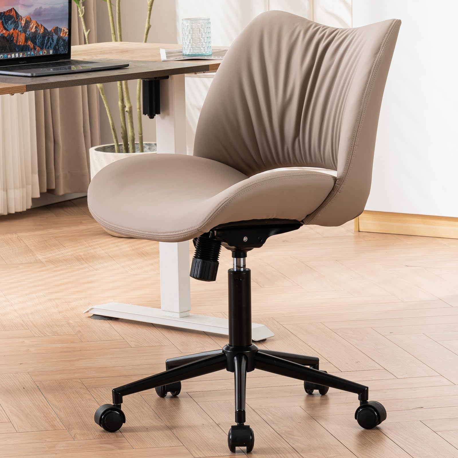 YOUTASTE Ergonomic Office Chair Armless Faux Leather Home Desk Chair Swivel Task Chair Vanity Chair of Height Adjustable with Curved Backrest and