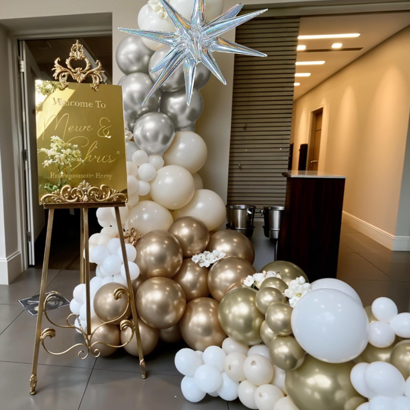 Weihnachtsballonbogen-Set, 30,5 cm, goldfarben, silberfarben, weißer Ballon mit silbernem Starburst, Helium-Mylar-Folienballons für Weihnachten, Neujahr, Urlaub, Hochzeit, Jahrestag, Geburtstag