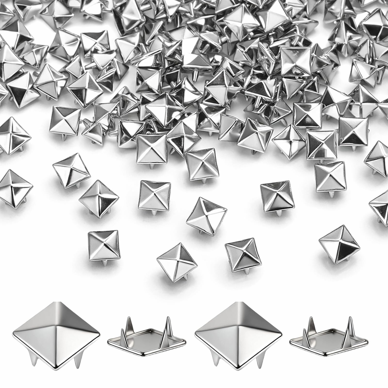 cobee 200Pcs Silver Studs, Square Pyramid Studs for Clothing, Punk Rock Clothings Stud and Spikes Metal Stud Rivets, Clothings Accessories for Clothing Bag Leather Jewelry DIY Craft