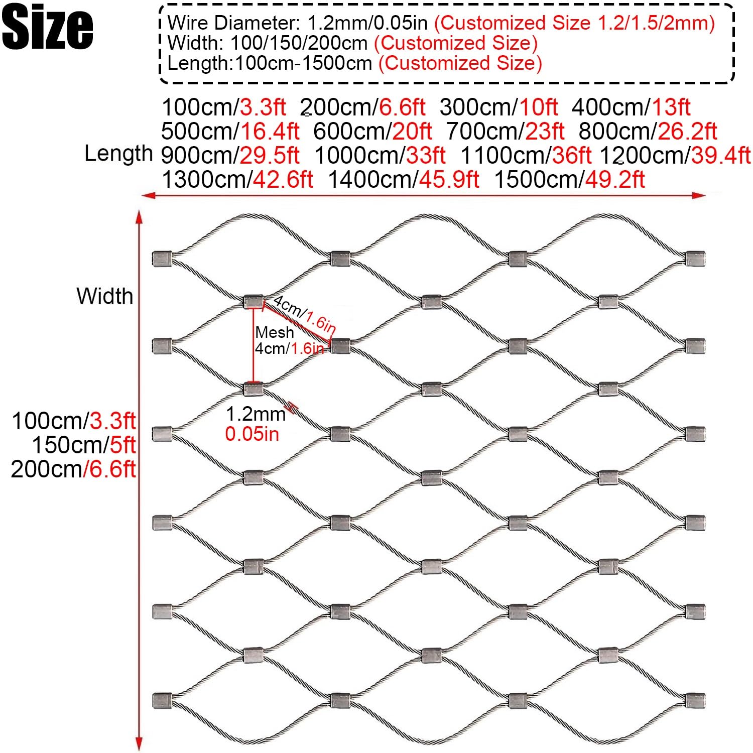 Red de cuerda de acero inoxidable flexible, malla de alambre tejida duradera para animales y aves de corral, malla protectora segura (150 x 300 cm), ideal para jardines y ganado