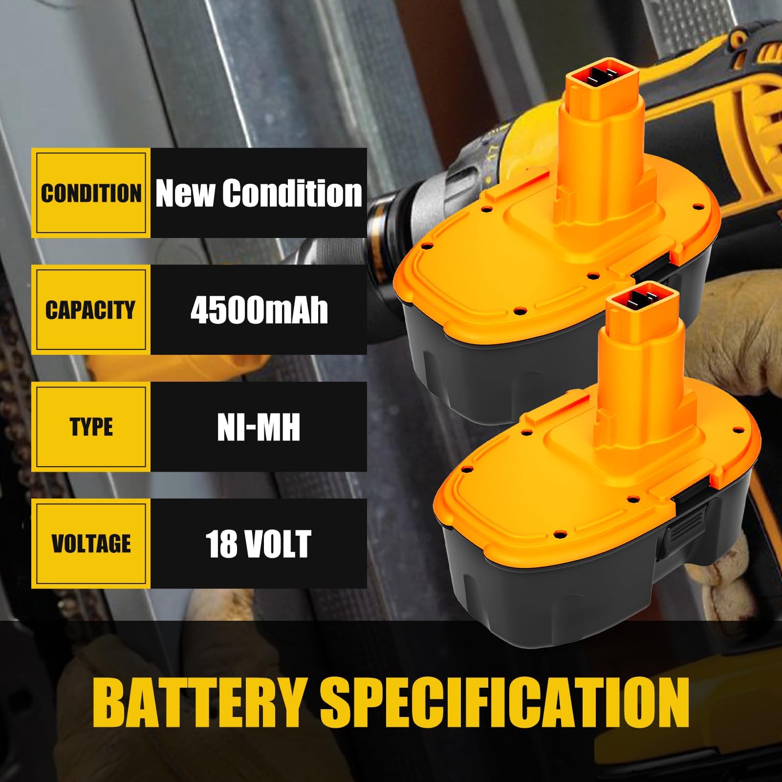 2-Pack 18V 4500mAh DC9096 DC9098 Replacement for Dewalt 18V Battery, Compatible with Dewalt 18 Volt Battery DC9099 DW9095 DW9099 DE9038 DE9039 DE9095 DW9095 DW9096 DE9503 DC9182(Yellow)