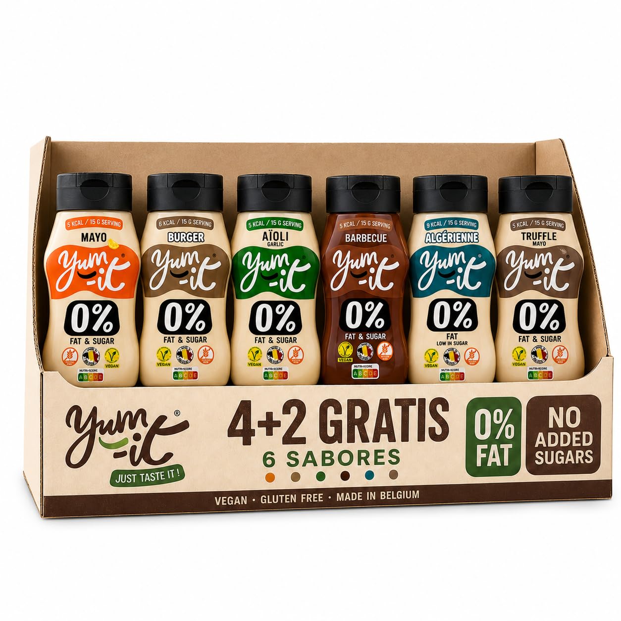 Yum it, lot de 6 sauces: Mayo, Burger, Aïoli, Barbecue, Algérienne et Mayo Truffe, 6 x 300g, 0% de matières grasses, 0g de Sucre, cétogène, végétaliennes, sans gluten, halal et fabriquées en Belgique