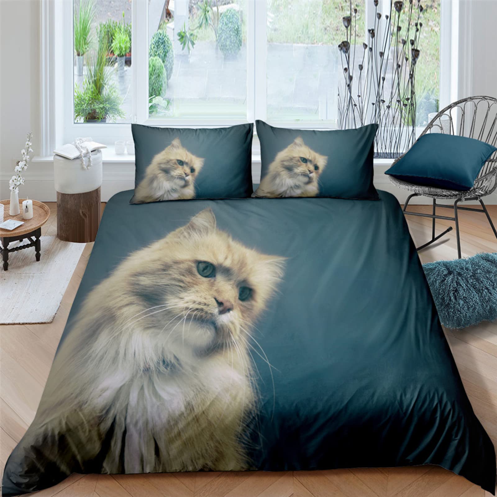 Parure housse de couette 140x200 chat gris pour lit ado microfibre