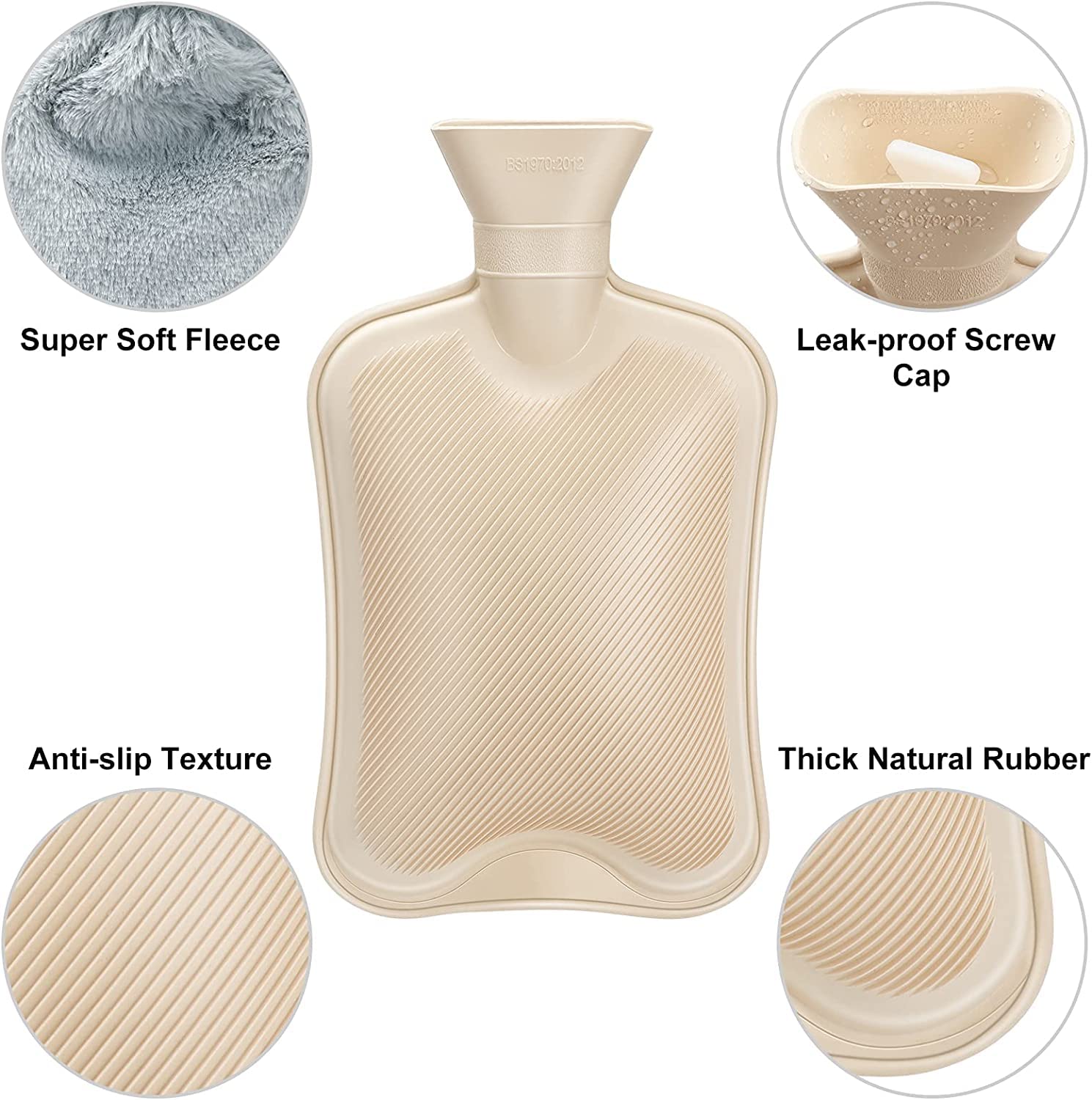 Bolsa de Agua Caliente de 2L, Cokomono Botellas de Agua Caliente con Suave Felpa Funda, Hot Water Bottle, bolsa agua caliente, mejor regalo (Gris)