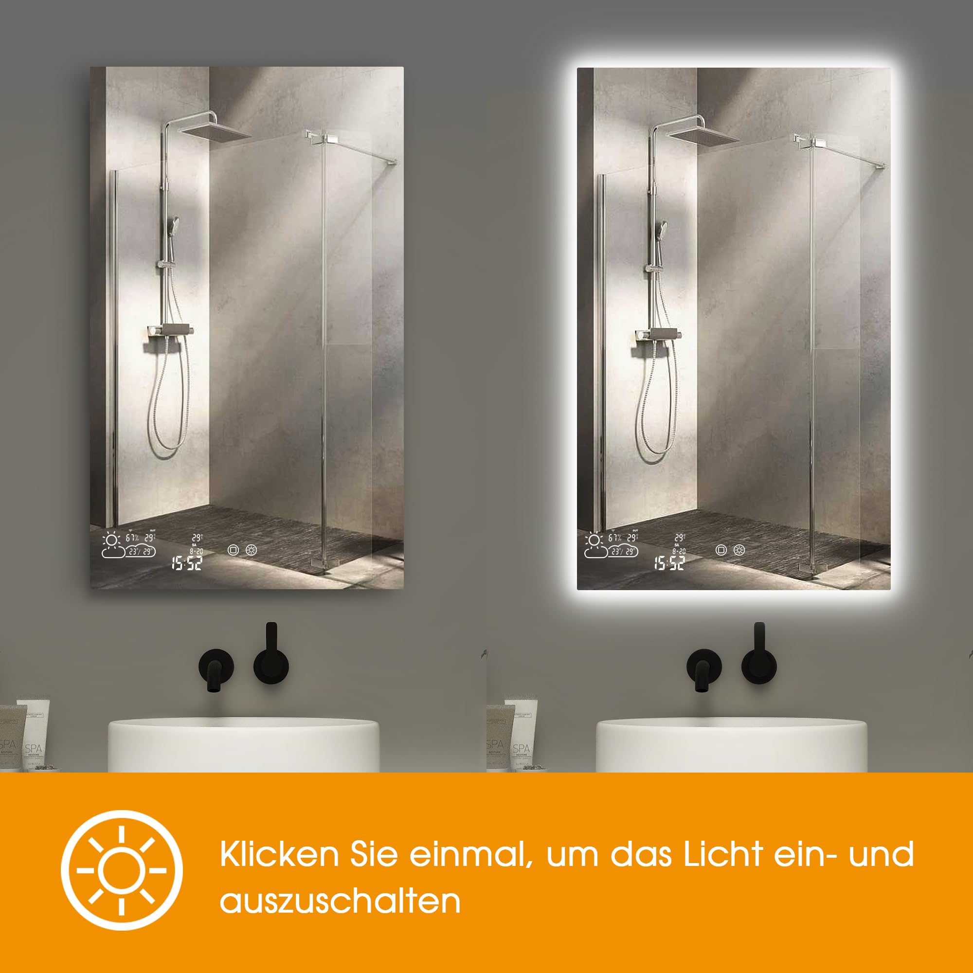 byecold Infrarotheizung 350W Spiegelheizung Spiegel Heizung Infrarot Badspiegel mit Wetter Touchschalter Smart WiFi Badezimmerspiegel mit LED Beleuchtung Warm/Kalt - Vertikal 60X100CM