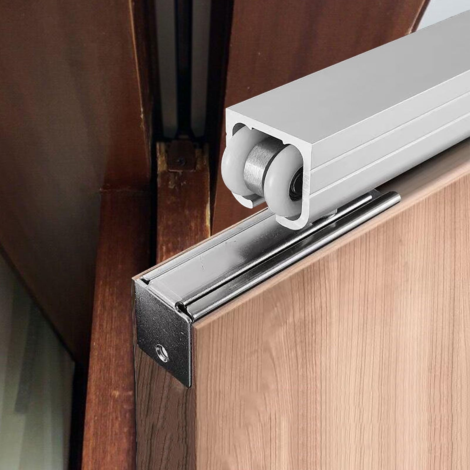 EXCLURA Top Mount Sliding Door Track Roller Kit, Aluminum Pocket Door Hardware, Heavy Duty Wooden Bypass Barn Door Rail, Cabinet Closet Sliding Tracks(9ft/2.7m)
