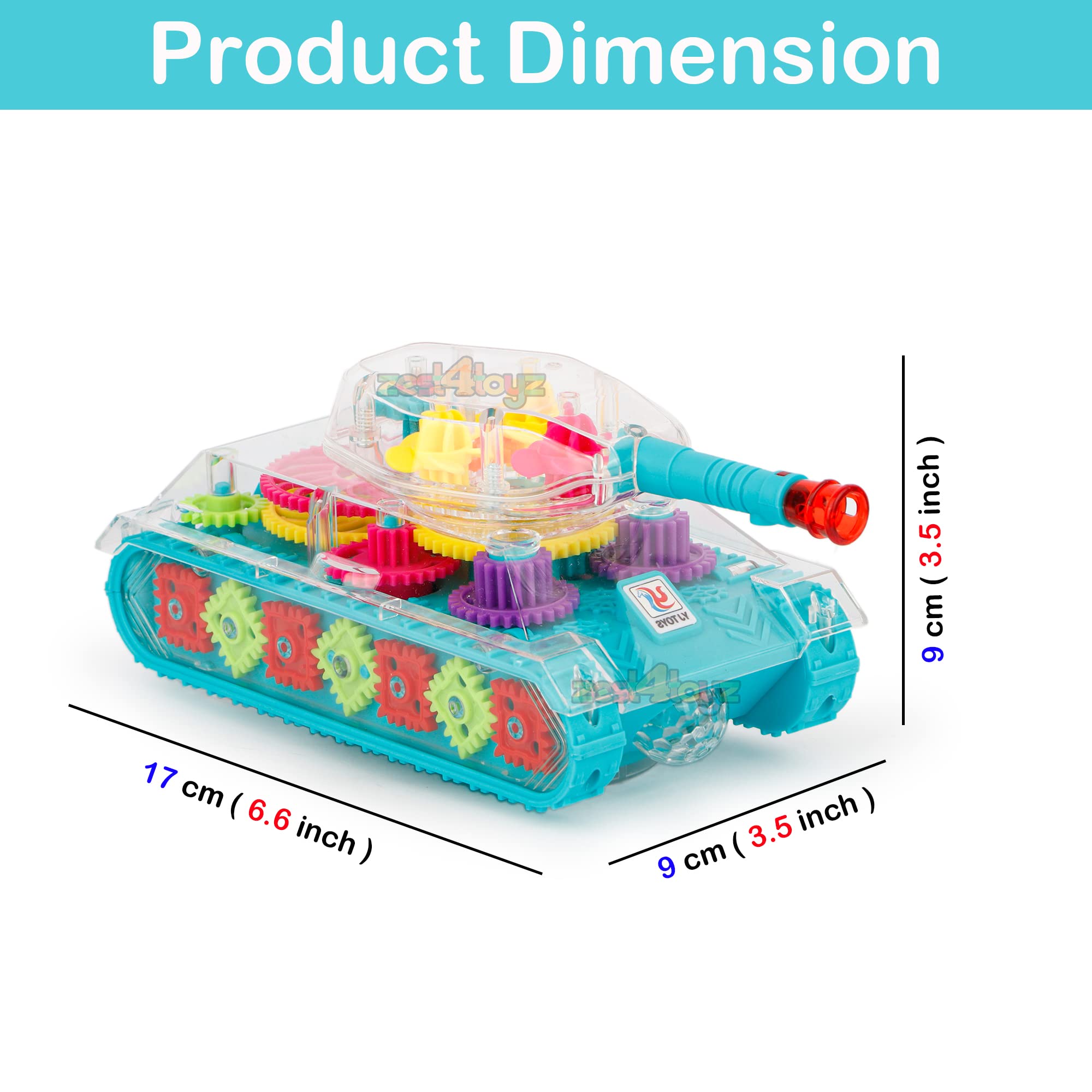 Zest 4 Toyz Army Tank Toy for Kids Transparent Gear Tank with Led Lights 360 Degree Rotation Bump and Go Toys for Boys & Girls Musical Toy Car for Kids (Gear Army Tank) - Multicolor 1