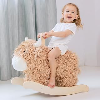 JOLIEVALLÉE Wooden Yak Cow Rocking Horse for 1-3 Year Olds - Safe Stable Ride-On Toy, Toddler Birthday Gift