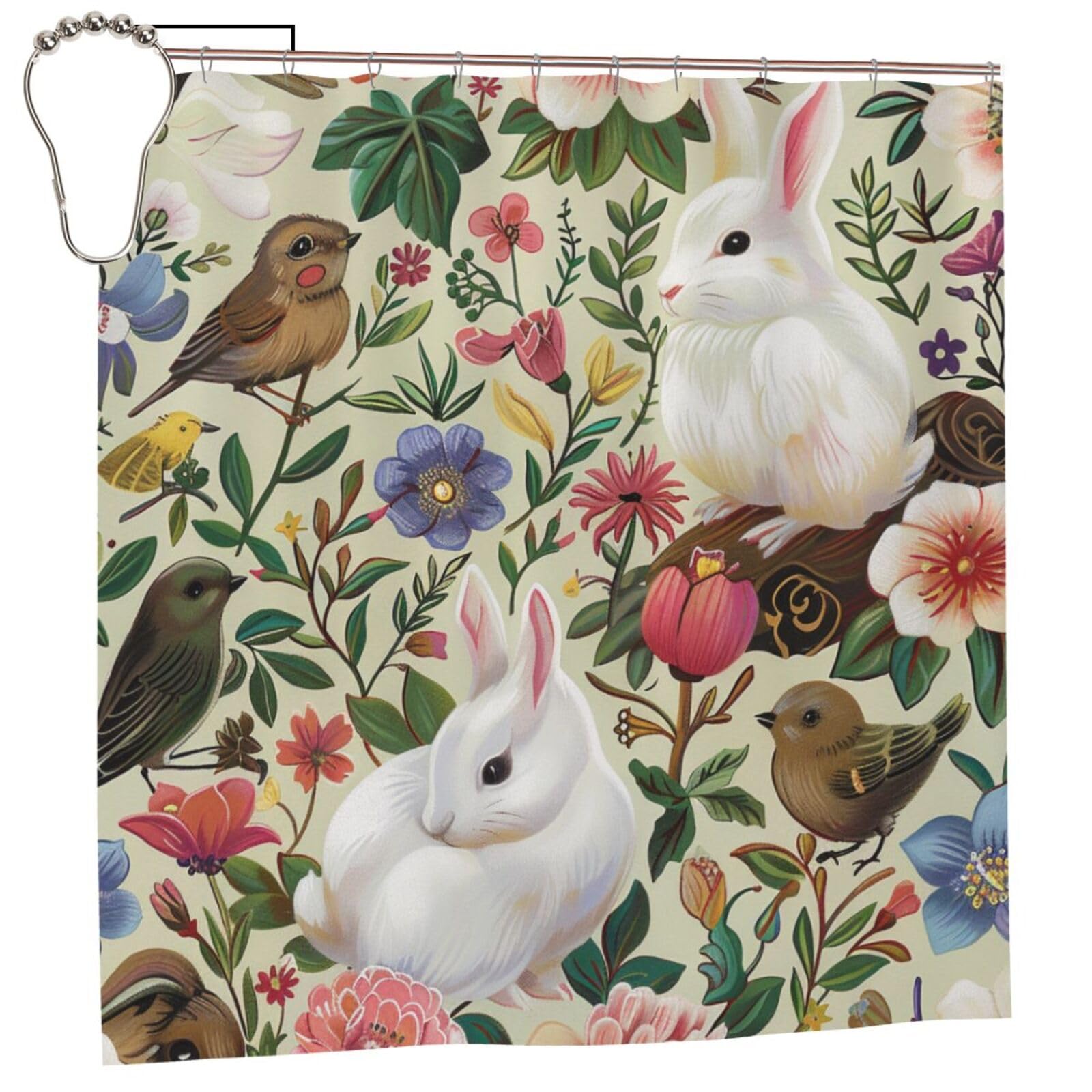 BWWHCCTI Flowers Bunnies Birds Printed Shower Curtain With 12 Iron Hooks Opaque Quick Drying Waterproof Shower Curtains Sets For Bathroom 183x183 CM