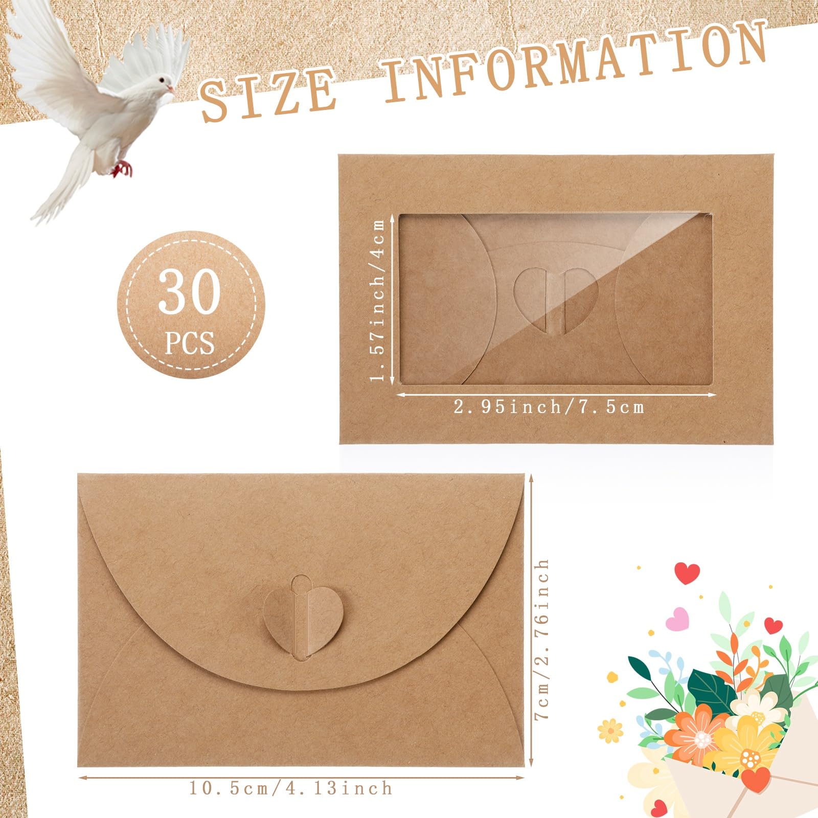 Uiifan 30 Pcs Window Gift Card Envelopes 4 x 2.8 Inch Gift Card Sleeves Credit Size Envelopes with Heart Shaped Clasp for Greeting Gifts Business Invitation(Brown)