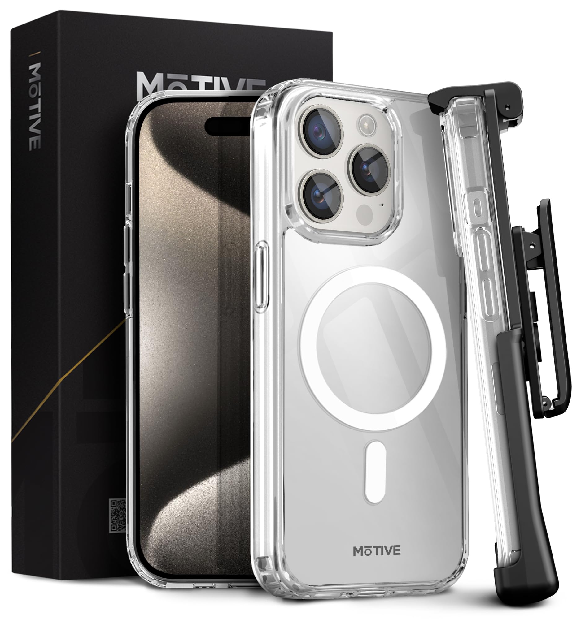 MOTIVE Strong Magnetic Clear for iPhone 15 Pro Max Case with Belt Clip, (Designed for Magsafe) Military Drop Protection, Slim Phone Case with Clip for iPhone 15 Pro Max 6.7 inch |Clear