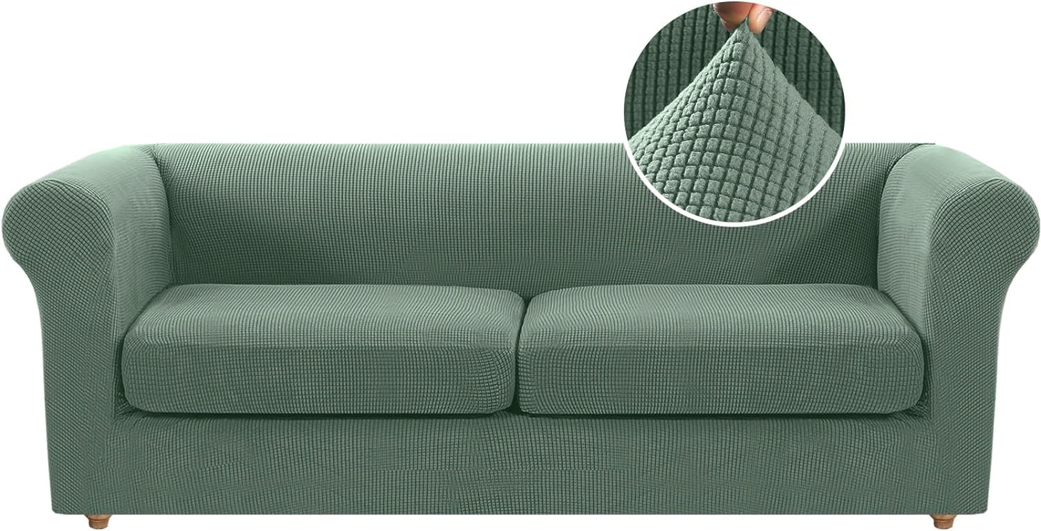 LINGKY Stretch Chesterfield Sofa Cover 2 Seater With 2 Separate Sofa Cushion Covers, Jacquard Spandex Non-Slip Sofa Slipcovers for Living Room Furniture Protector (ArmyGreen,Large 2 Seater)