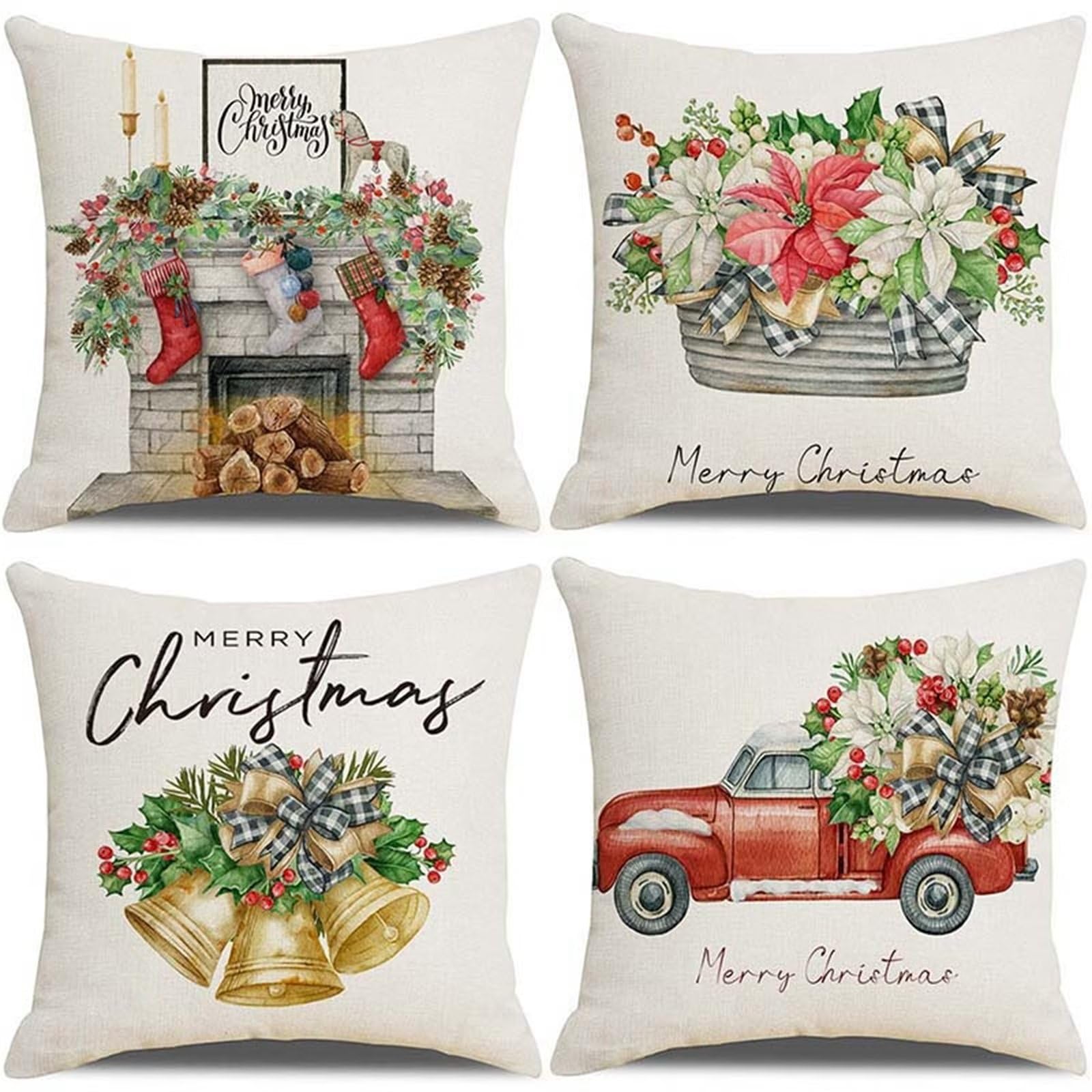 Natale Fodere per Cuscini 60x60cm 4 Pezzi Fiori di Natale Cuscini Caso Federa, Copricuscini Natalizi, Invernale Natalizie Divano Decorativi di Natale per Divano Soggiorno Auto Natalizie Decor