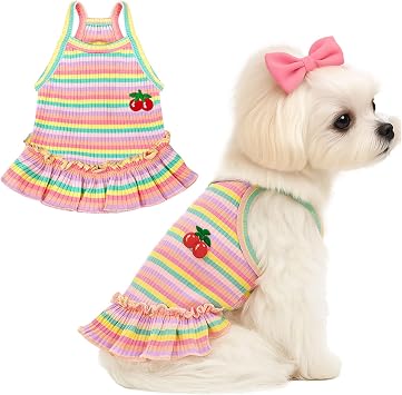 Cute Small Dog Dress Girl Female Dog Clothes Spring Summer Pet Puppy Cats Striped Dress Outfits for Shih Tzu Yorkies Chihuahua MalteseCherry Pink,Large
