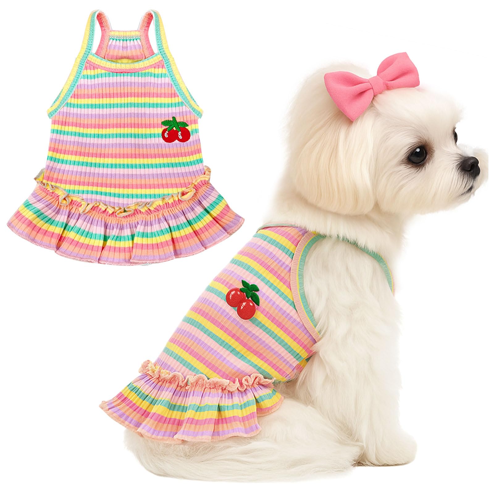 XGDMEIL Cute Small Dog Dress Girl Female Dog Clothes Spring Summer Pet Puppy Cats Striped Dress Outfits for Shih Tzu Yorkies Chihuahua Maltese(Cherry