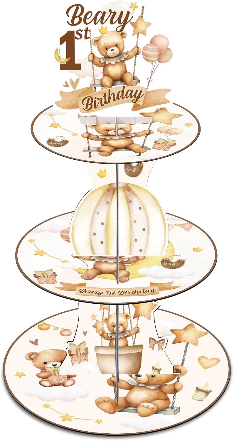 Bear First Birthday Party Decorations - Beary First Birthday Decorations, 3 Tier Brown Bear Cupcake Stand Dessert Holder, Cupcake Topper Baby Shower Party Supplies