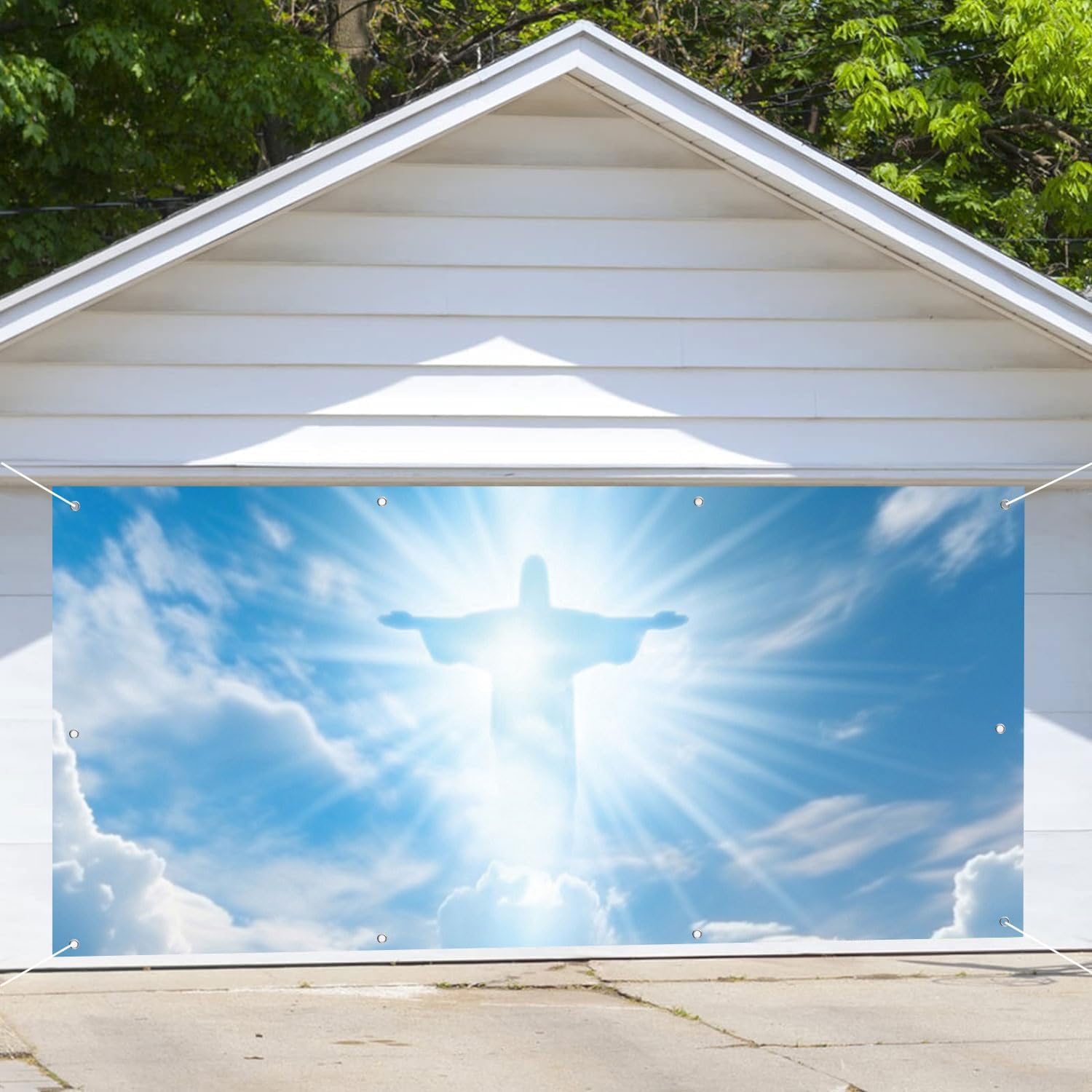 7x8ft Easter Garage Door Banner Decorations Jesus Christ Cross Blue Sky Holy Lights Garage Buddy Door Cover Backdrop for Outdoor Church Sanctuary Holiday Party Supplies Home Wall Door Decor
