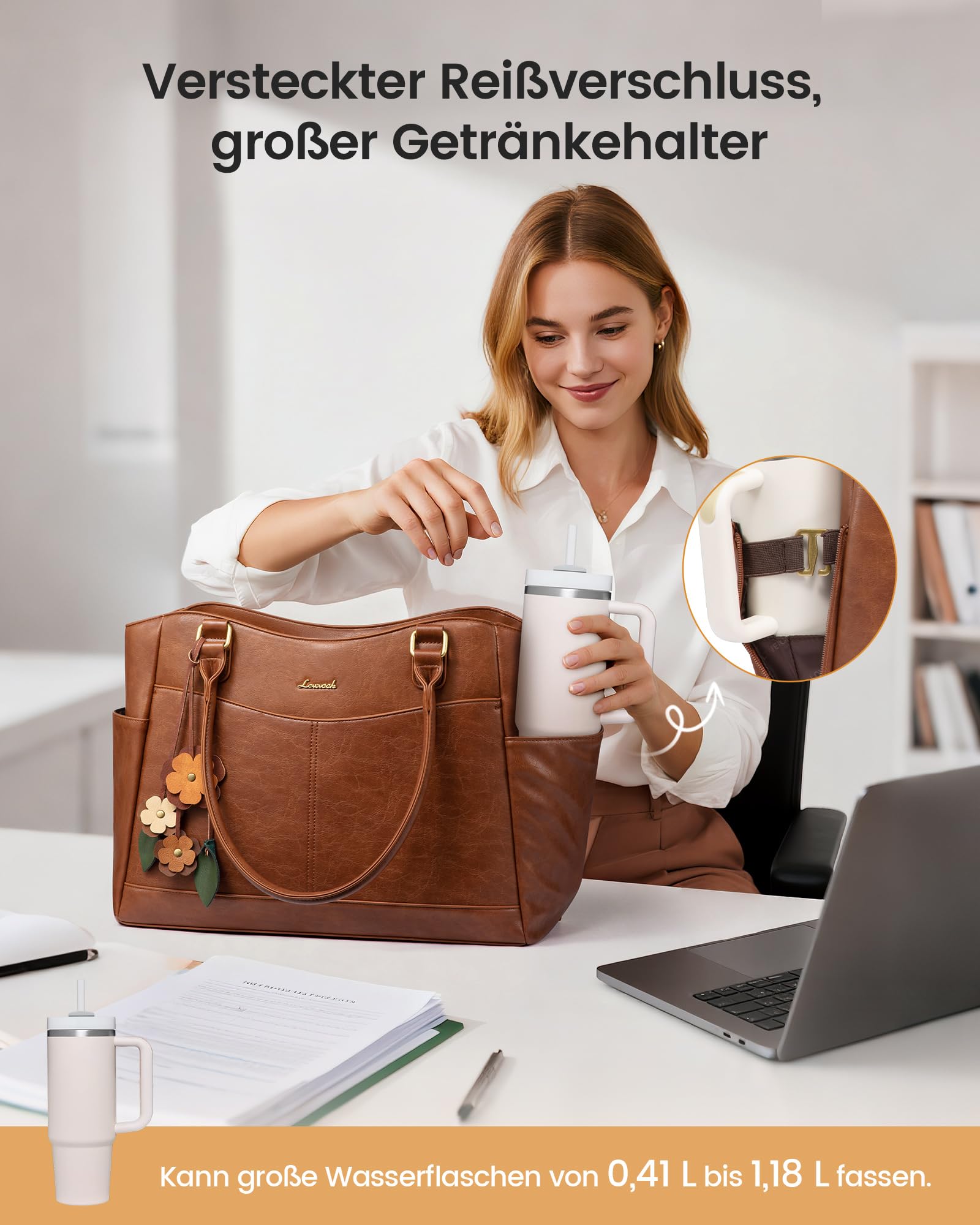 LOVEVOOK Laptoptasche Damen 15,6 Zoll, Arbeitstasche Shopper Tasche Handtasche Groß, Elegant Lehrertasche Tote Bag PU Leder Schultasche Laptop Taschen mit Blumen Anhänger für Business Uni Schule