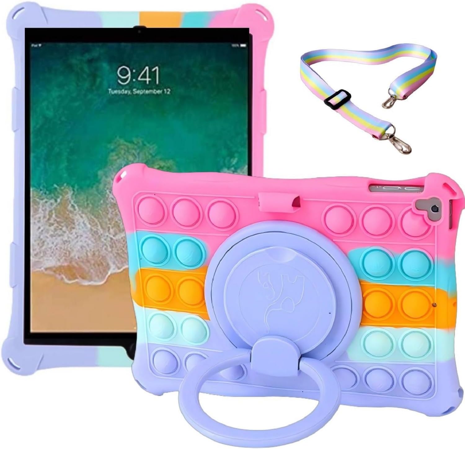 New iPad 6th Generation Case 9.7 inch 2018, UFAINEI iPad 5th Generation Case 2017, iPad Air 1&2 Case IPad Pro 9.7 Case with 360° Rotatable Stand & Shoulder Strap, Colorful Pink